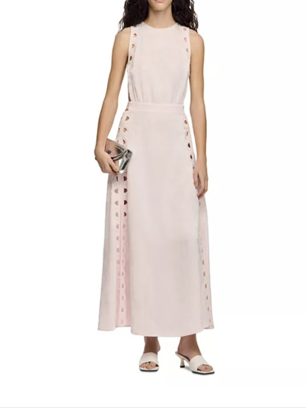 SANDRO 2026:Scoop Neck Sleeveless Maxi Dress in Soft Pink with Side Eyelet Trim-